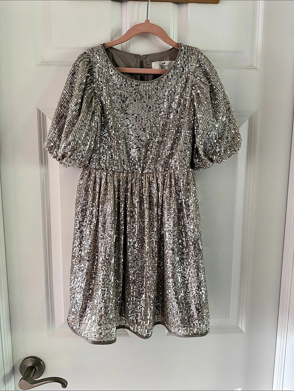 H&M Girls Silver Sequin Puff Sleeve Party Dress Size 6X 6-7Y